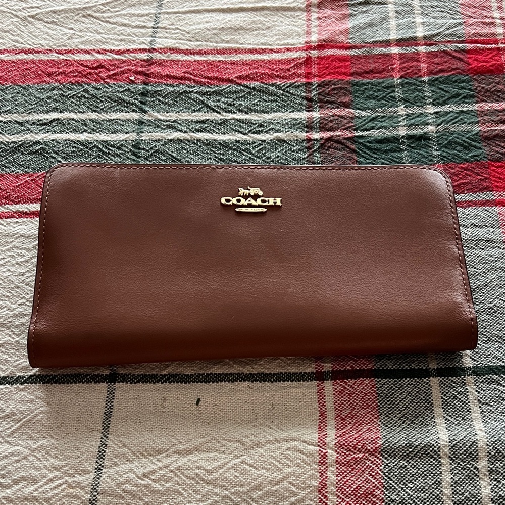 Coach Tan Leather Clutch with Gold Logo